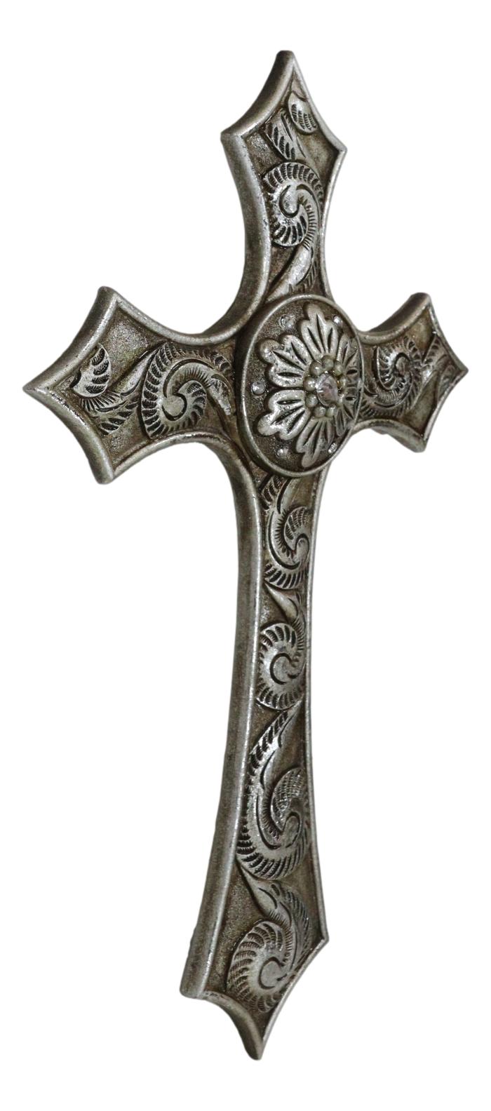 Rustic Western Silver Concho With Ornate Shell Pattern Wall Cross Decor Plaque