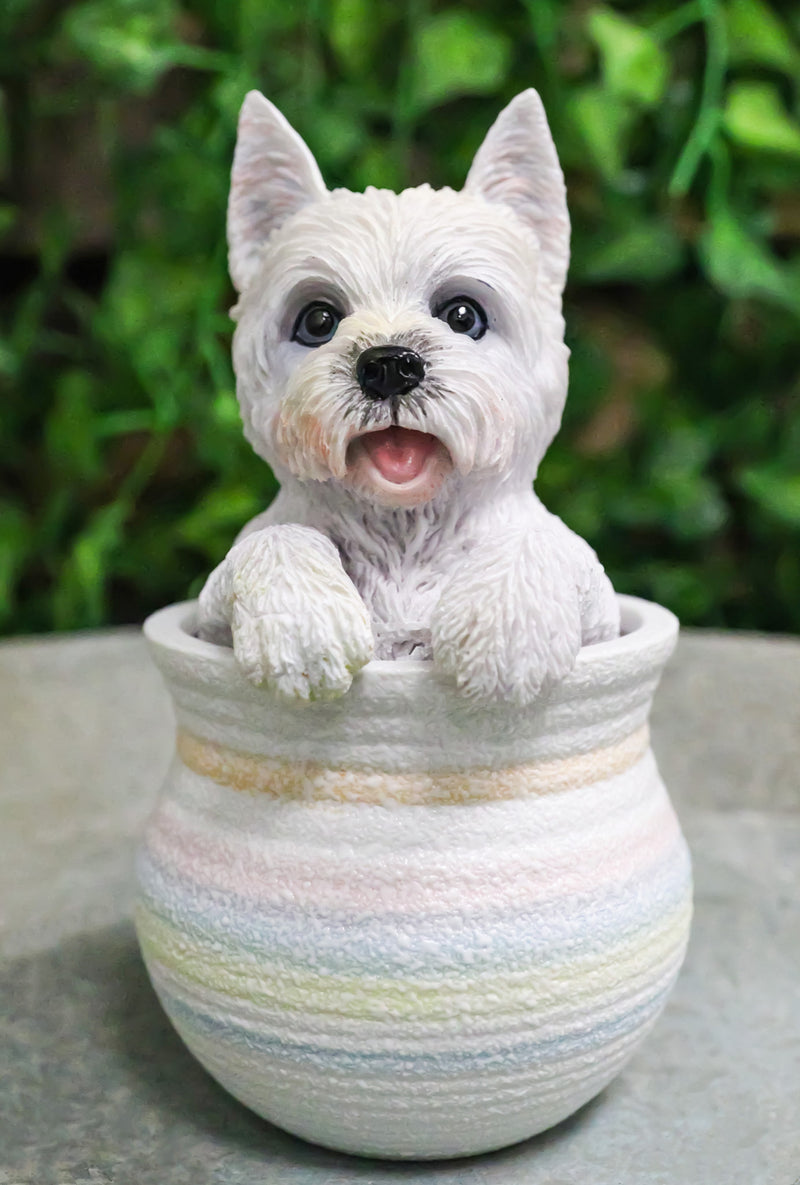 West Highland White Terrier Westie Puppy Dog Figurine With Glass Eyes Pup In Pot