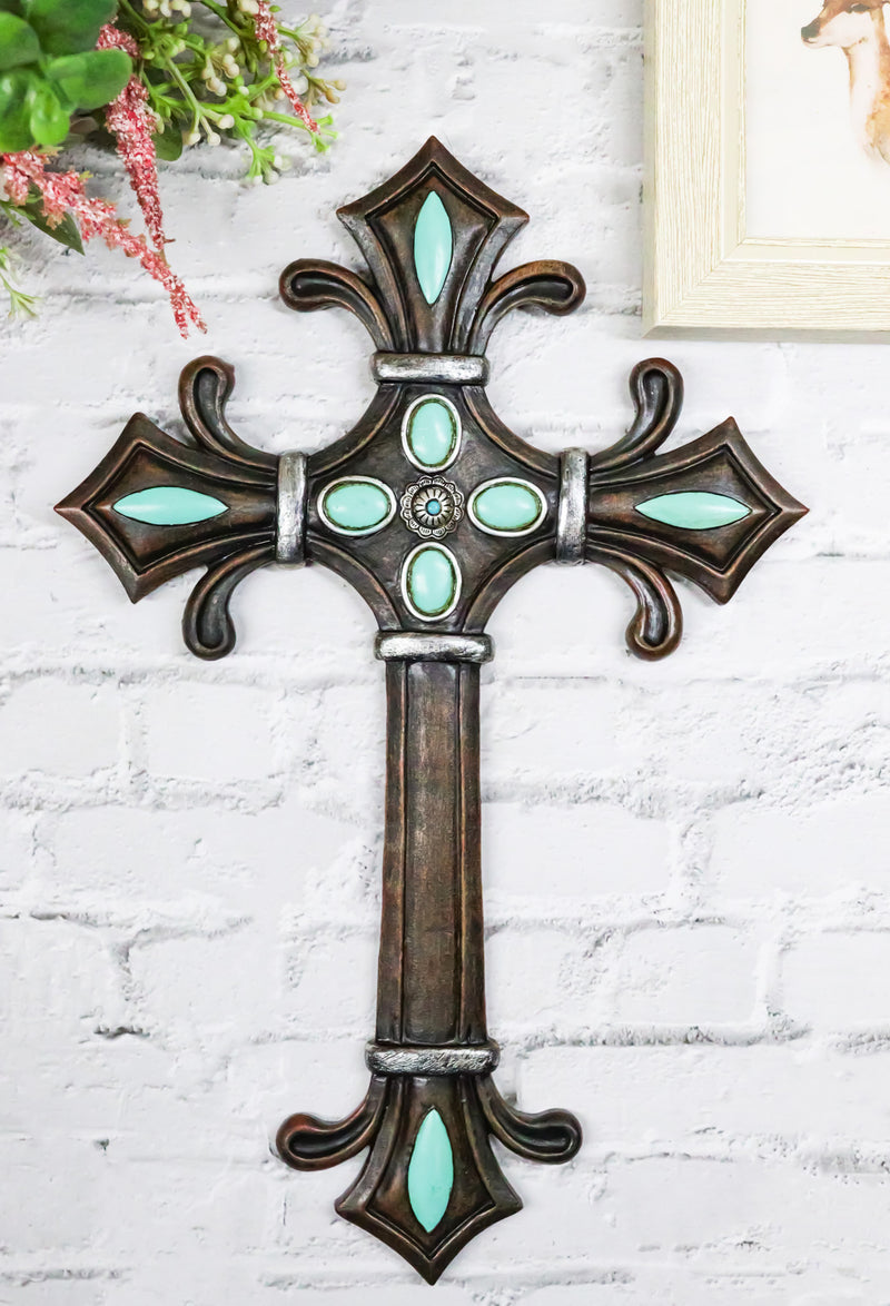 Rustic Southwestern Fleur De Lis French Lily Turquoise Gems Christian Wall Cross