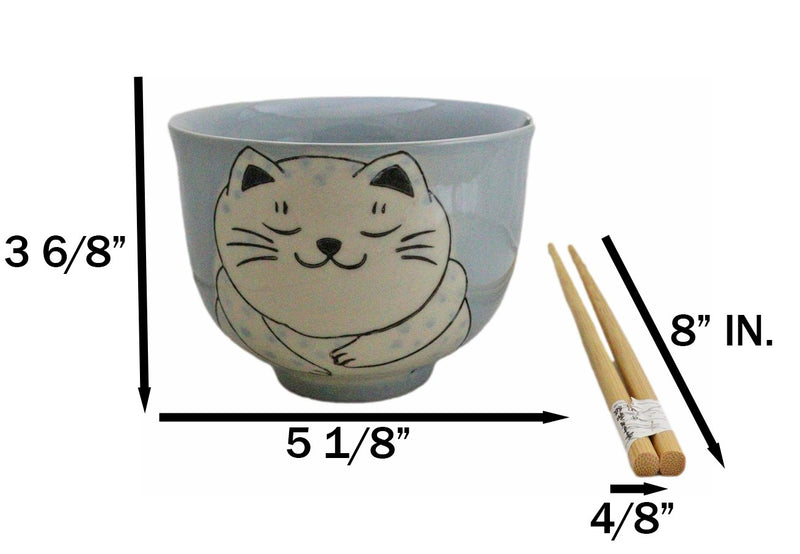 Blue Chubby Kitty Cat Sleeping Ceramic Donburi Ramen Bowl With Chopsticks Set