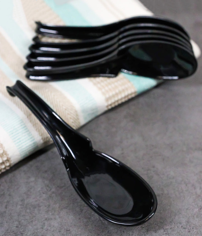 Contemporary Black Melamine Asian Soup Spoons With Ladle Hook & Notch Set Of 6