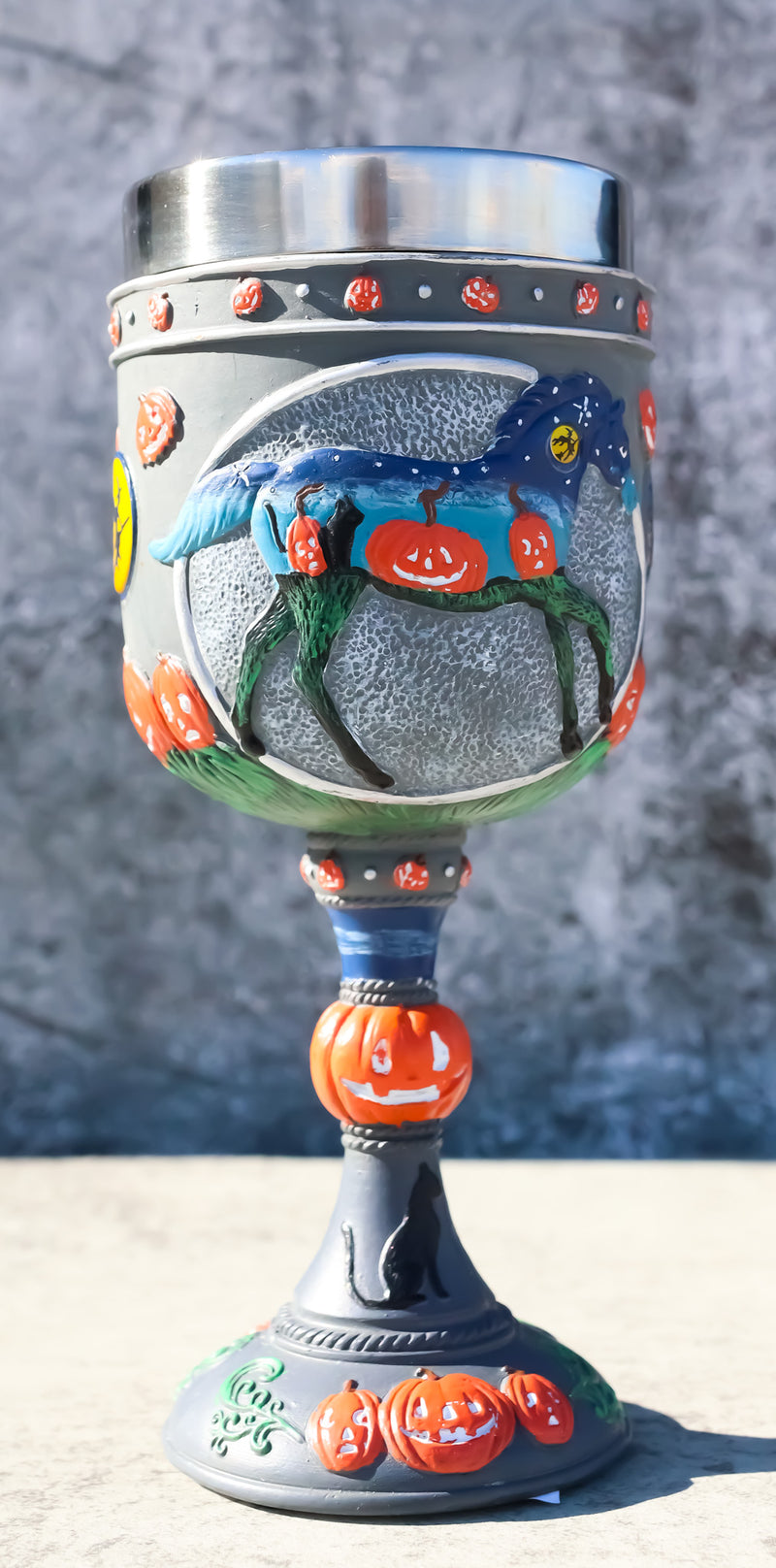 Trail Of Painted Ponies Pumpkin Patch Halloween Night Sky Horse Wine Goblet