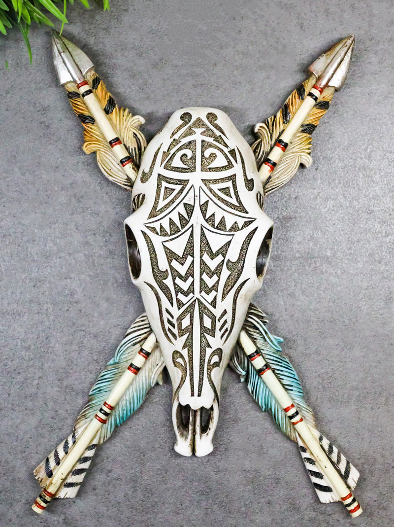 Southwestern Indian Tribal Tooled Tattoo Cow Skull And Crossed Arrows Wall Decor