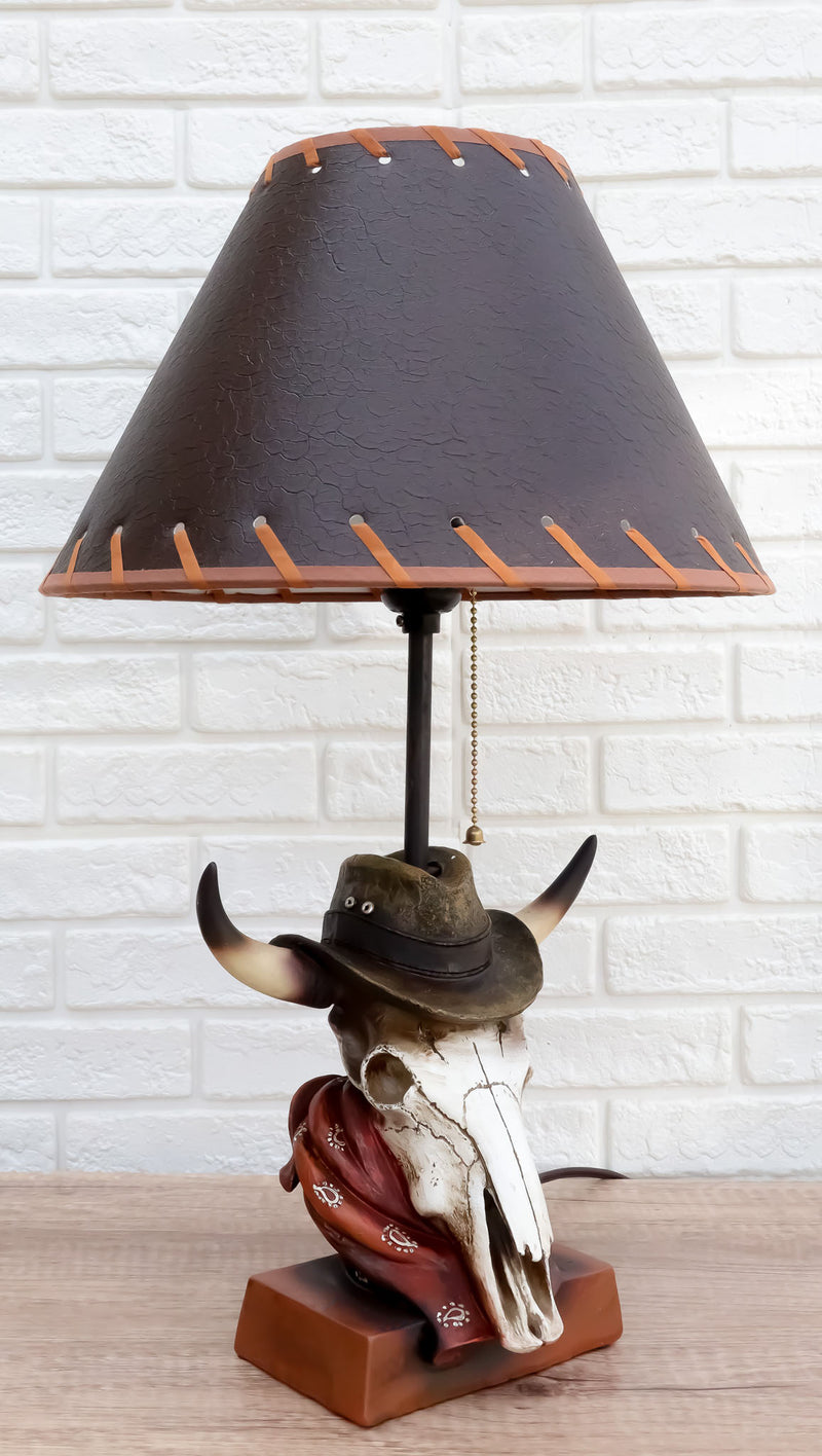 Rustic Western Cow Skull With Cowboy Hat And Red Scarf Table Lamp With Shade