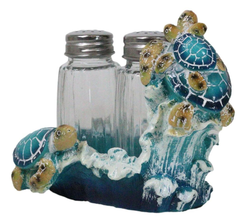 Nautical Marine Reef Sea Turtles Over Waves Salt And Pepper Shakers Holder Set