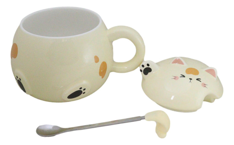 Whimsical Yellow Chubby Feline Kitty Cat Cup Mug With Lid And Stirring Spoon