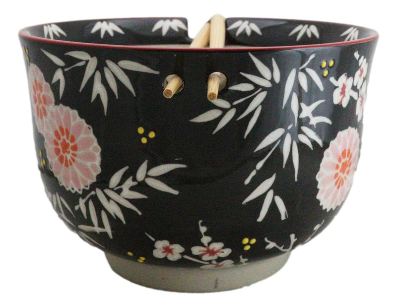 Black Blossoms Floral Design Large 24Oz Donburi Ramen Bowl With Chopsticks Set