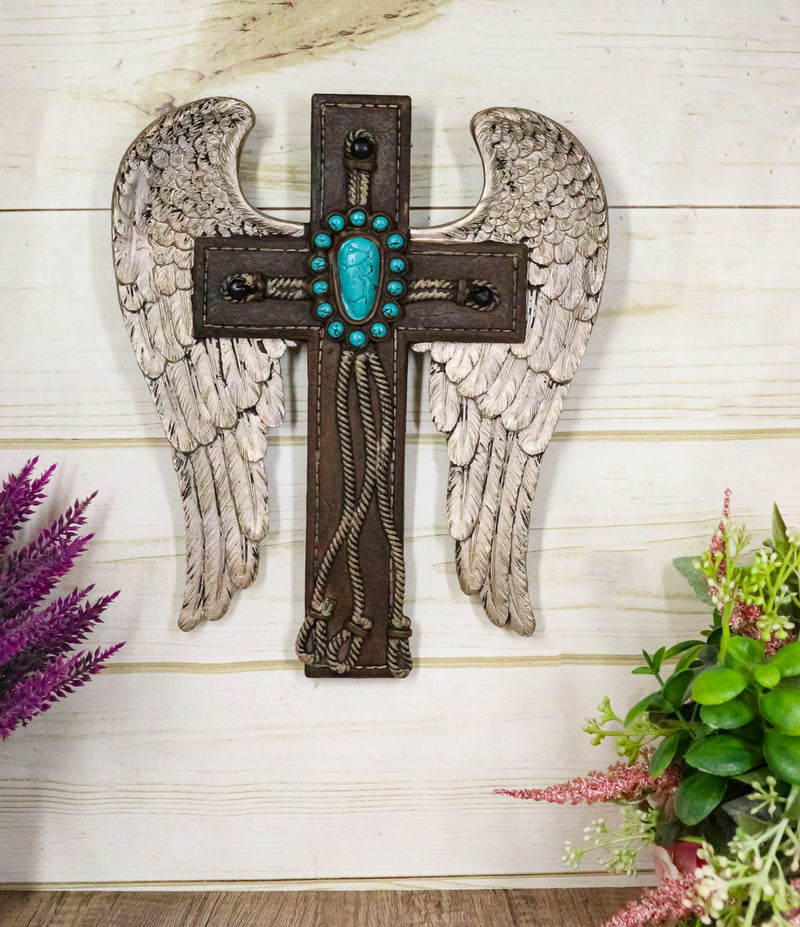 Southwest Angel Wings Braided Ropes Faux Leather Turquoise Stones Wall Cross