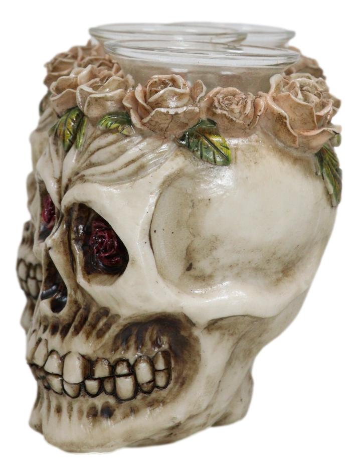 Gothic Skulls With Pink Roses Laurel Triple Votive Tea Light Candles Holder