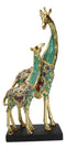 Large 15"H Safari Green Bejeweled Masai Giraffe With Calf On Black Base Figurine