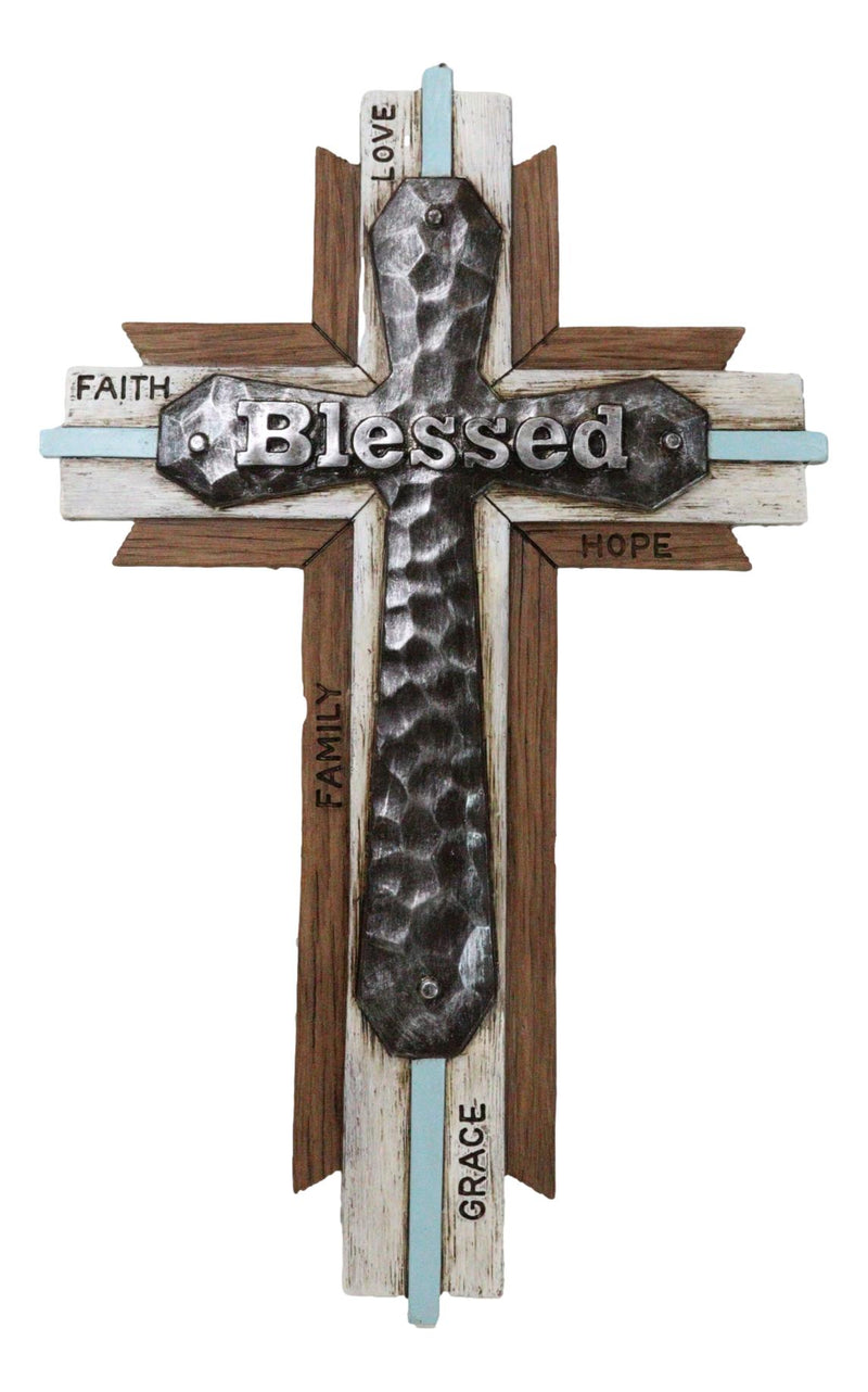 Rustic Western Faux Wood Blessed Faith Love Hope Family Grace Layered Wall Cross