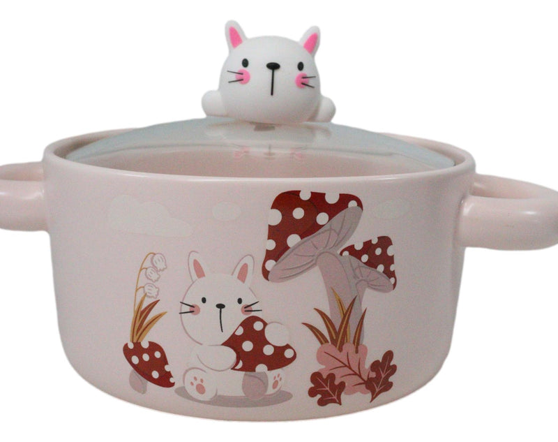 Ceramic Pink Rabbit In Mushroom Forest 30oz Noodle Dessert Bowl W/ Glass Lid