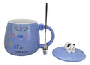 Blue Calico Cat Love Star Coffee Mug Cup With Spoon And Kitten Knob Lid 15oz