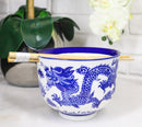 Blue White Oriental Dragon King Ceramic Donburi Ramen Bowl With Chopsticks Set