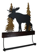 Rustic Western Elk Moose Deer by Pine Forest Wooden Wall Hand Towel Holder Bar