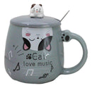 Grey Calico Cat Love Music Coffee Mug Cup With Spoon And Kitten Knob Lid 15oz