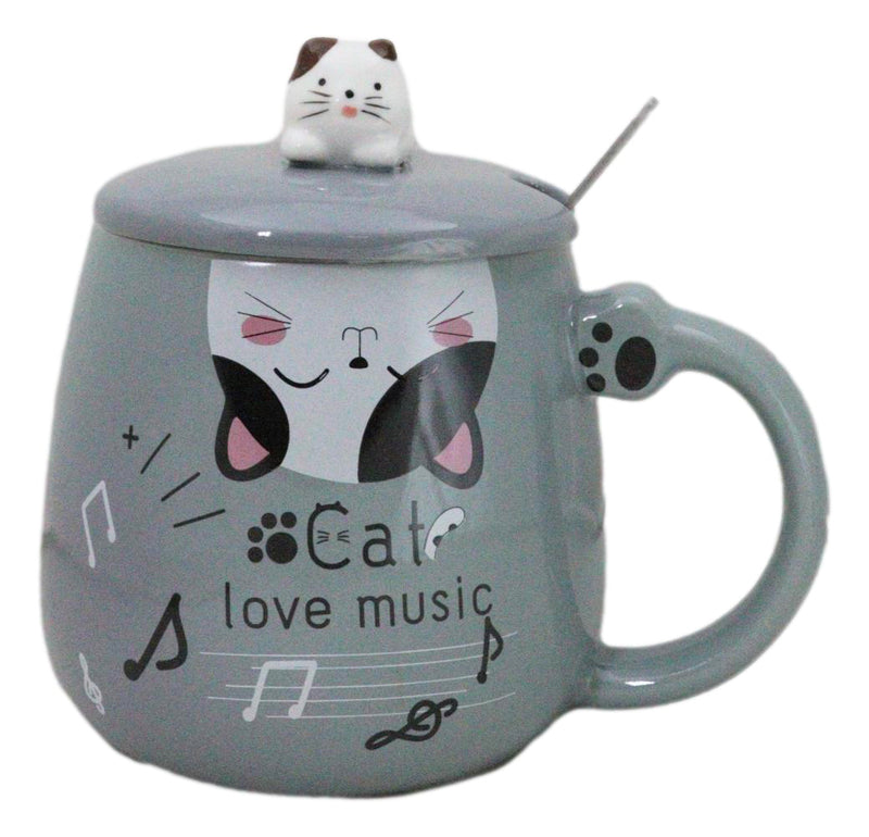 Grey Calico Cat Love Music Coffee Mug Cup With Spoon And Kitten Knob Lid 15oz