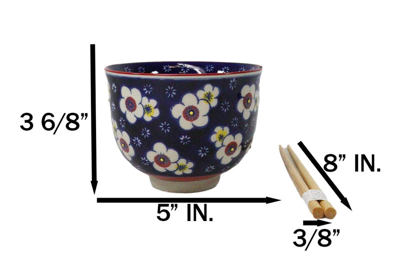 Blue Ume Plum Blossoms Ceramic Donburi Ramen Soup Red Bowl With Chopsticks Set