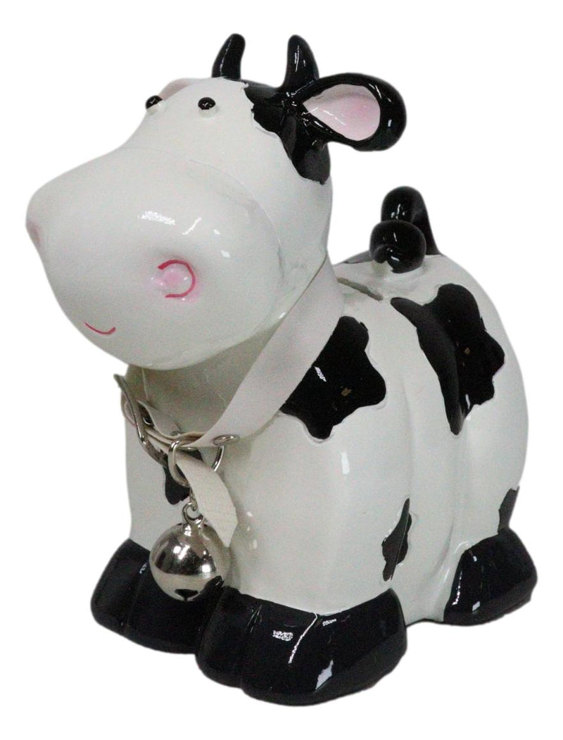 Whimsical Holstein Bovine Cow with Collar Bell Money Coin Savings Piggy Bank