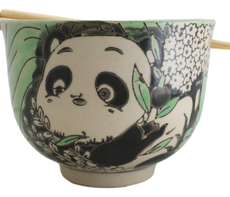 Green Lucky Panda With Flowers Ceramic Donburi Ramen Bowl With Chopsticks Set