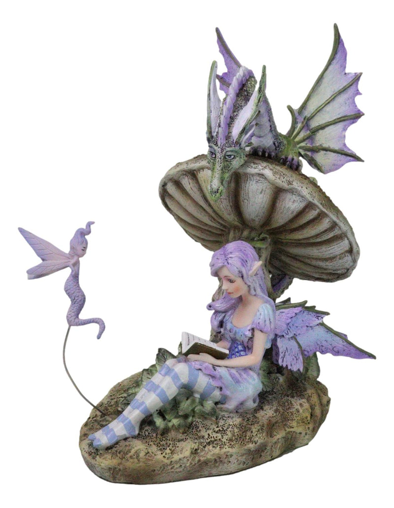 Amy Brown Bookworm Fairy With Pixie and Dragon By Toadstool Mushroom Figurine