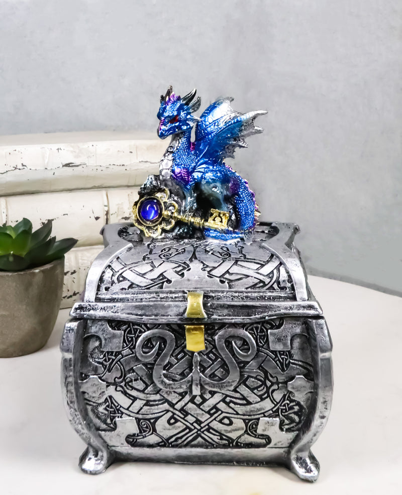 Metallic Blue Ocean Dragon Holding Rune Key On Treasure Chest Trinket Box