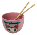 Furrybones Maneki Neko Cat Skeleton Pink Porcelain Bowl With Chopsticks Set