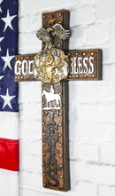 Western God Bless Texas Longhorn Cow Concho Eagle Cowboy On Horse Wall Cross