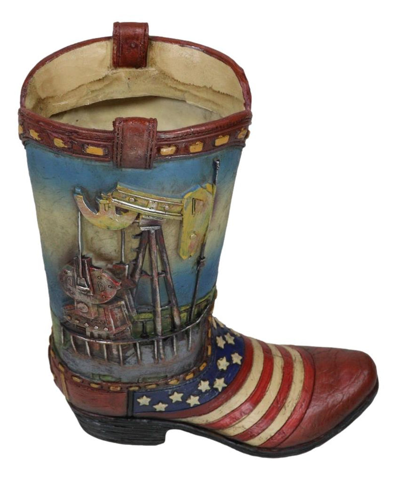 Rustic Western Oil Derrick Pump Jack USA Flag Cowboy Boot Flower Vase Planter