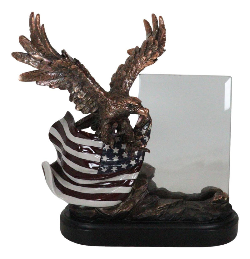 Patriotic American Bald Eagle Perching On Flag Photo Frame Bronze Resin Figurine