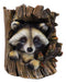 Rustic Western Lifelike Gray Raccoon Hiding In Tree Trunk Decorative Figurine