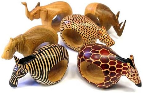 Kitchen Dining Napkin Rings Holders Set of Six Safari Wild Animals Mahogany Wood