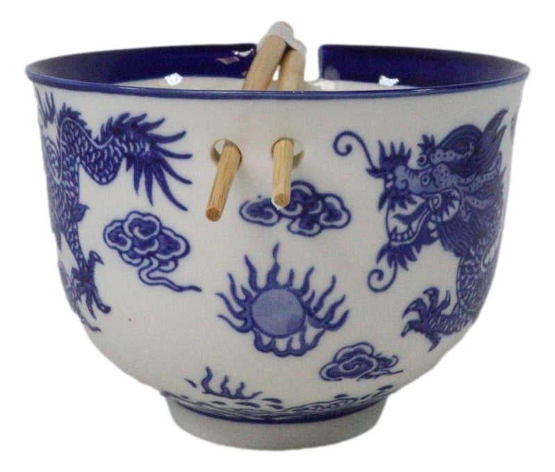 Blue White Oriental Dragon King Ceramic Donburi Ramen Bowl With Chopsticks Set