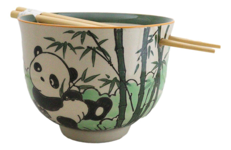 Bamboo Forest Green Panda Bear Ceramic Donburi Ramen Bowl With Chopsticks Set