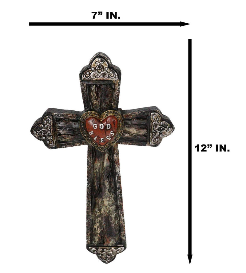 Rustic Western Faux Distressed Wood God Bless Heart Silver Scroll Wall Cross 12"