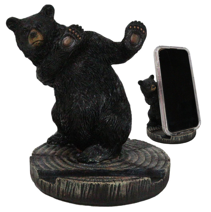 Rustic Western Hide And Seek Black Bear On Tree Ring Cell Phone Holder Figurine