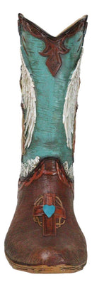 Western Turquoise Heart Cross Angel Winged Cowgirl Faux Leather Boot Vase Decor