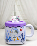 Whimsical Diver Cat With Sea Fishes Ceramic Mug With Silicone Lid And Straw