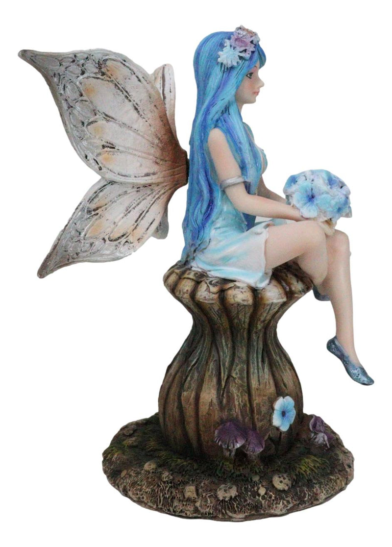 Blue Pansy Flower Fairy With Butterfly Wings Sitting On Mushroom Figurine 7"H