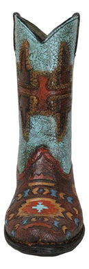 Southwestern Turquoise Tribal Aztec Patterns Faux Leather Cowboy Boot Vase