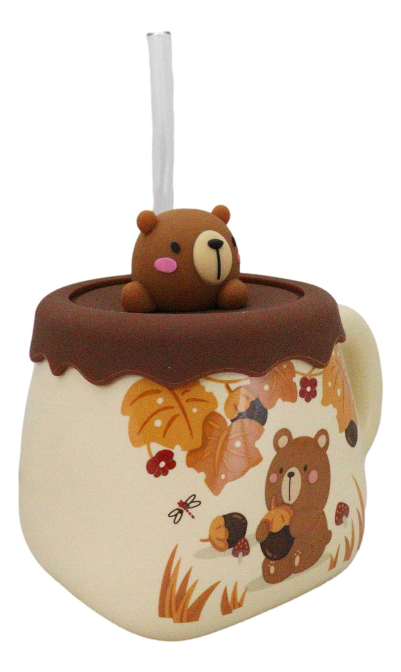 Whimsical Autumn Leaves Brown Bear Cub Ceramic Mug With Silicone Lid And Straw