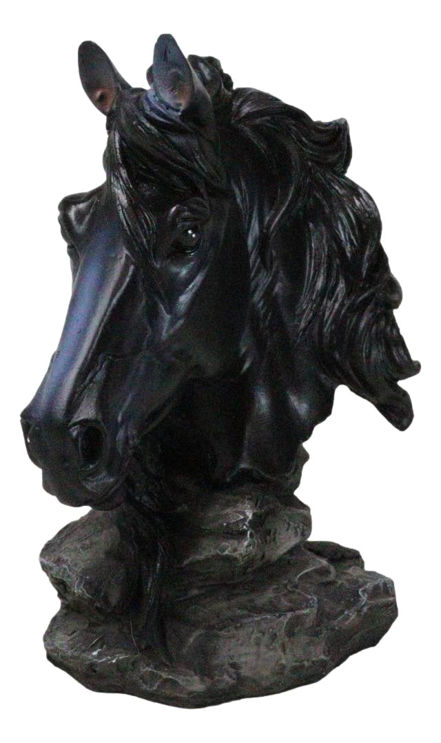 Wild and Free Black Stallion Equine Horse Bust On Rocky Pillar Base Figurine