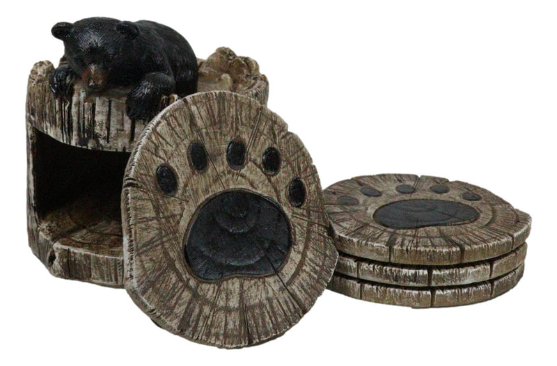 Western Rustic Forest Peeking Black Bear Tree Ring Paw Coasters And Holder Set