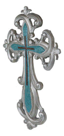 Southwestern Silver Fleur De Lis Scroll Art With Layered Turquoise Wall Cross