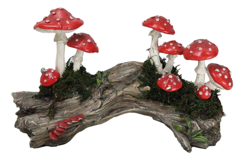 Enchanted Fairy Garden Toadstool Mushrooms Forest On Moss Tree Log Figurine