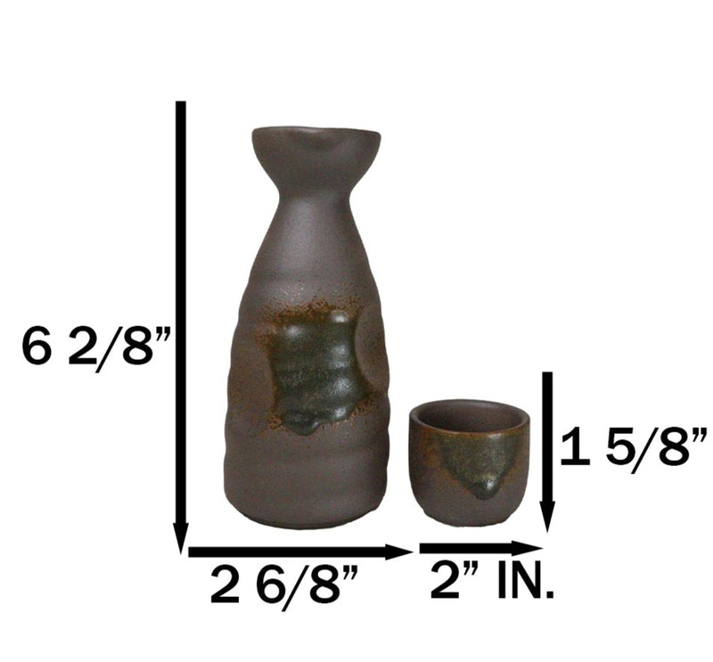 Glazed Ceramic Abstract Clay Brown Japanese Sake Tokkuri Flask And 4 Cups Set