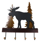 Rustic Western Elk Moose Deer Roaming Pine Forest 4-Peg Wooden Wall Hooks Plaque