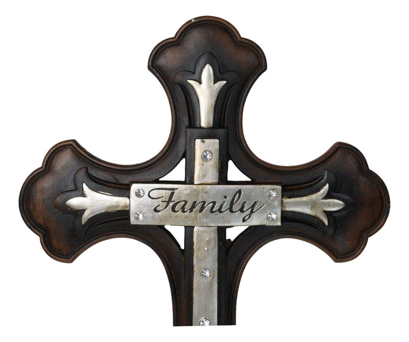 Large 19" H Faux Wooden Family Fleur De Lis French Lily Motif Wall Cross Decor