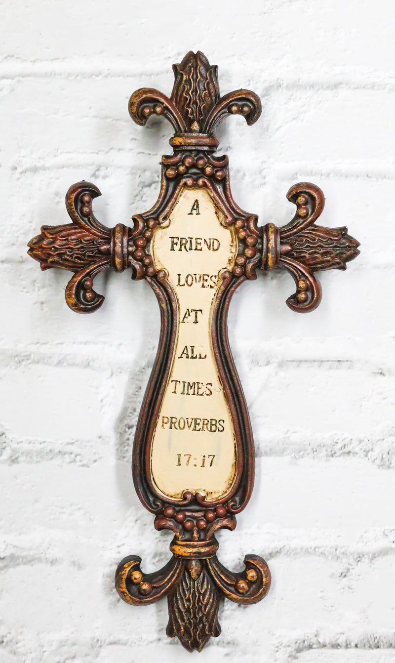 Small Fleur De Lis A Friend Loves At All Times Proverbs Faux Wooden Wall Cross