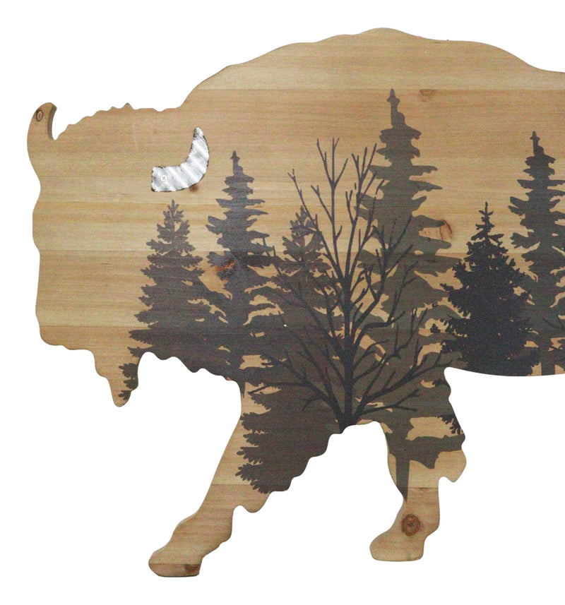 Western Bison Buffalo With Forest Silhouette Wooden Plank Cutout Wall Decor